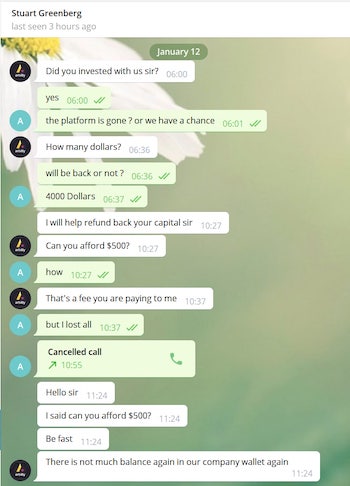 Chat Telegram di un utente "scammato"
